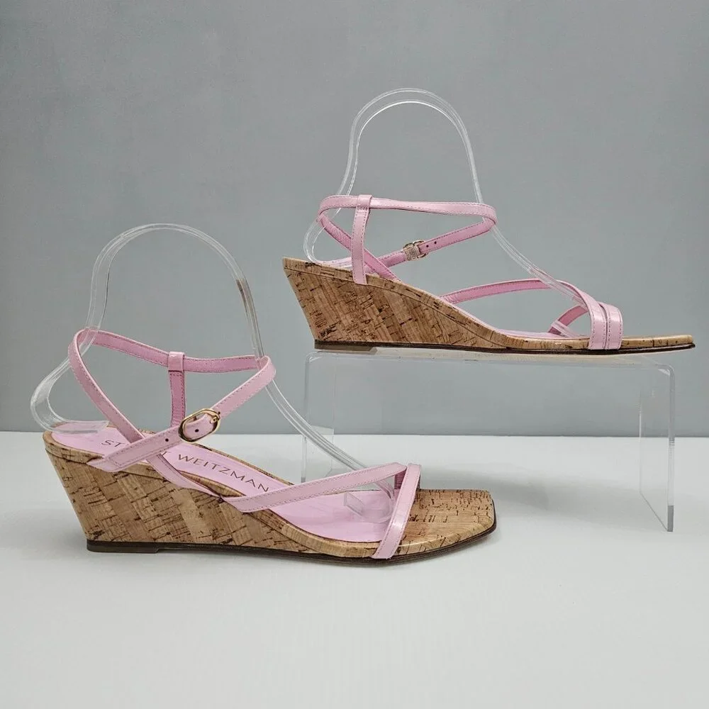 Stuart Weitzman Oasis 50 Cork Wedge Sandal Womens 10 Light Pink Strappy Designer